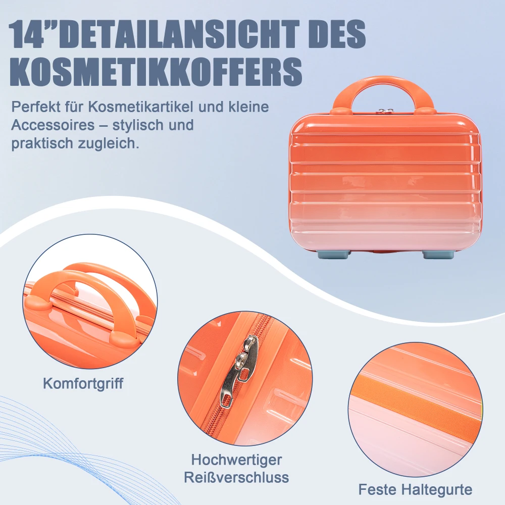 14"/20"/24"/28" 4-teiliges PC-Spinner-Kofferset - mit Seitengriffen, Schutzfüßen, integriertem Zahlenschloss & 14-Zoll-Kosmetiktasche – Detail 21