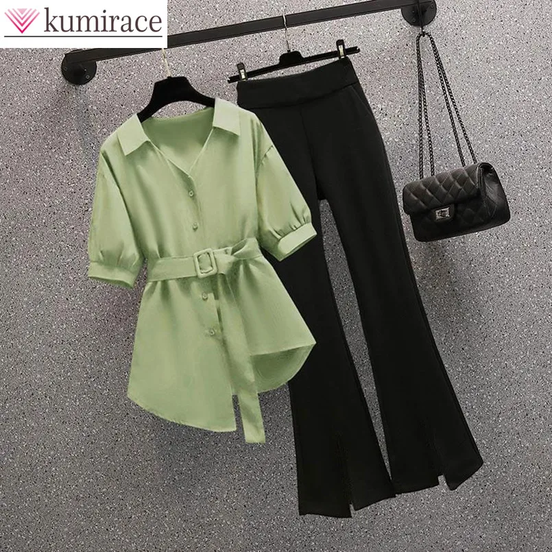 

Модный и темпераментный Женский комплект, Корейская версия для весны и лета, Облегающая рубашка + повседневные брюки, комплект из двух предметов для снижения возраста
