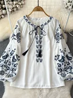 Retro Ethnic Sle Long Sve round Ne Loose irt Women's Doll Top Commute Sle Korean Version Embroidered Faionable - Image 3