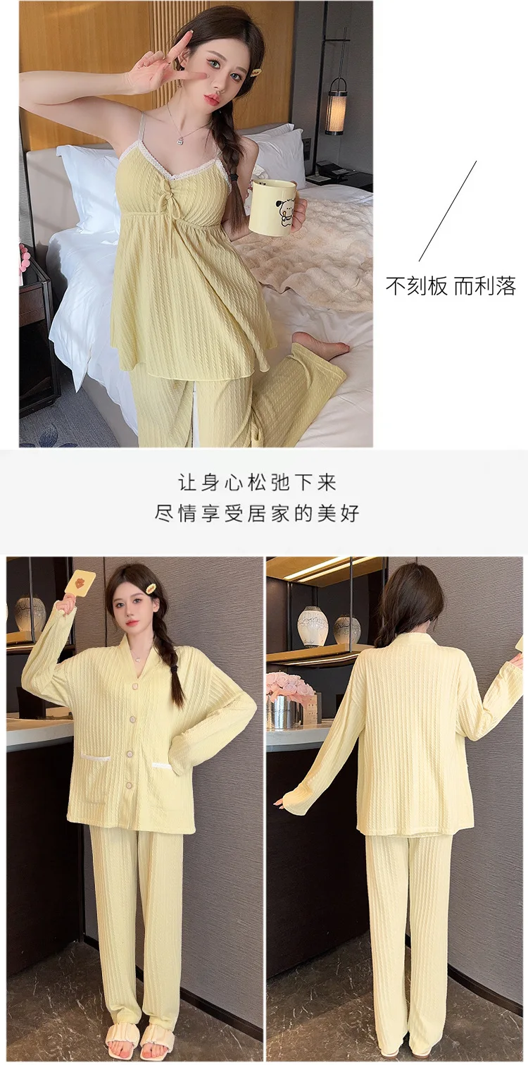 Koreanische sexy Pijama Mujer Frauen Pyjamas Set Baumwolle bequeme 3 Stück Nachtwäsche Brust polster Home Kleidung Winter Pyjamas Femme – Detail 8