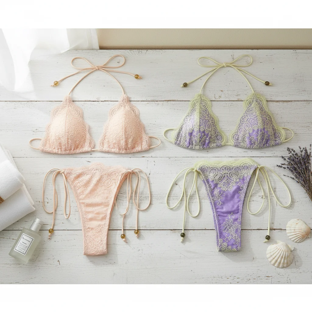 2Pcs/Set Fashion Summer Lace Bikini Set Bandage Patchwork Triangle Swimwear Hollow Casual Beachwear Vacation