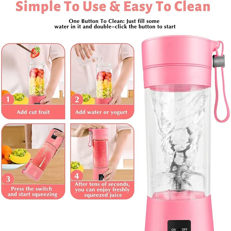 Mini Blender Personal Portable Blender Cup for Smoothies Shakes, Portable Juicer USB Rechargeable for Travel, (Pink), 380ml