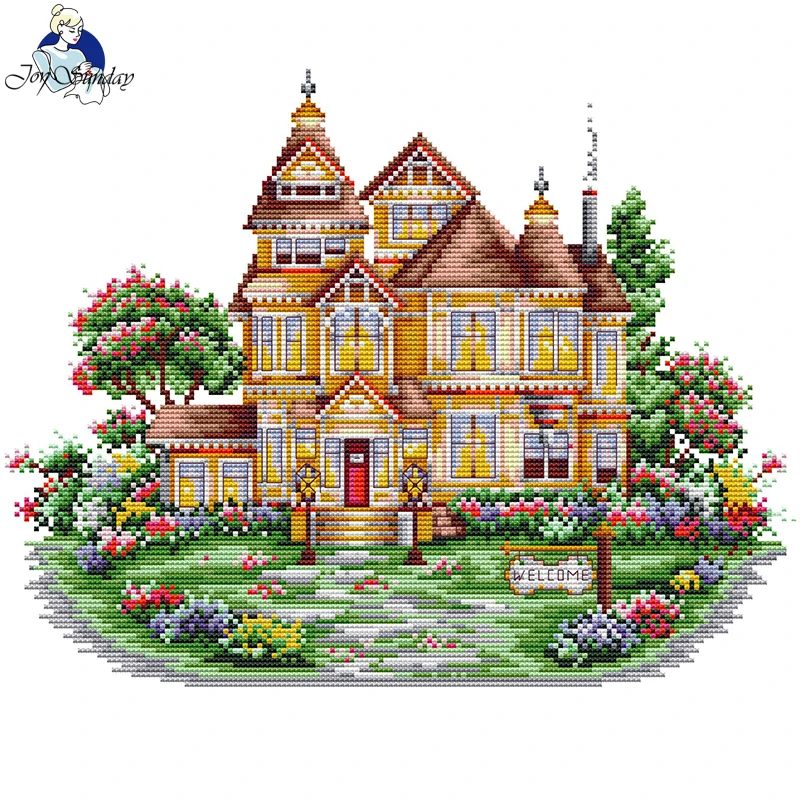 Cross Stitch Kit Joy Sunday Garden Villa Print Cross Stitch Kits Aida Fabric 16CT/14CT/11CT DIY Folk Craft Kit Needlework Handmade Embroidery Set