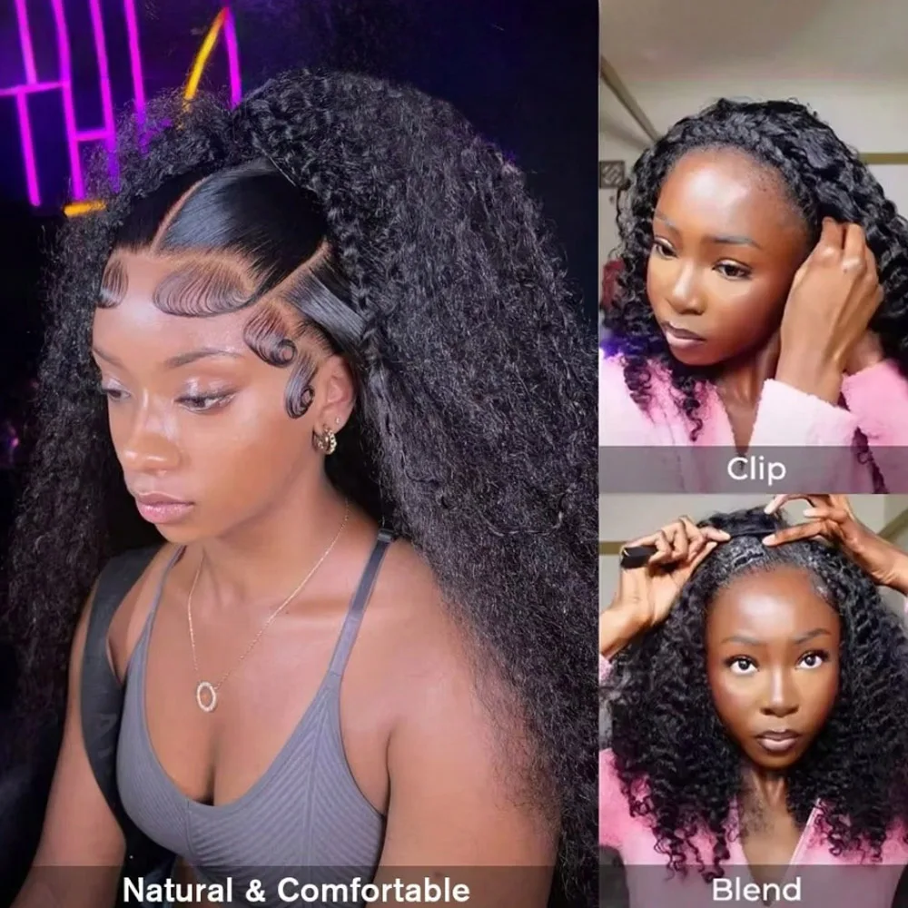 Kinky Curly Half Wig Human Hair 200% Density 3 In 1 Seamless Flip Over Half Wig 20 Inch Drawstring Headband Wig Human Hair