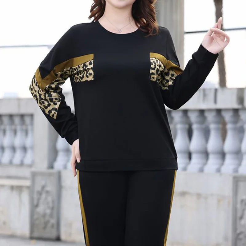 Spring Autumn O-Neck Leopard Print Long Sleeve Top Lady Pockets Side Gold Stripe Pants Casual Running Plus Size Two Pieces Sets