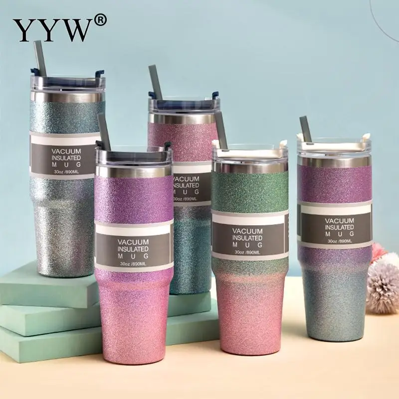 

Fashion Gradual Color Stainless Steel Drinking Straw Bottle Portable Matte Travel Car Vacuum Flasks Thermos Cup Girl Drink Mug