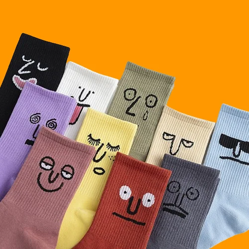 2024 New High Quality 10 Pairs Cotton Women's Socks Funny Expression Jacquard Personality Trendy Mid-tube Men's Socks