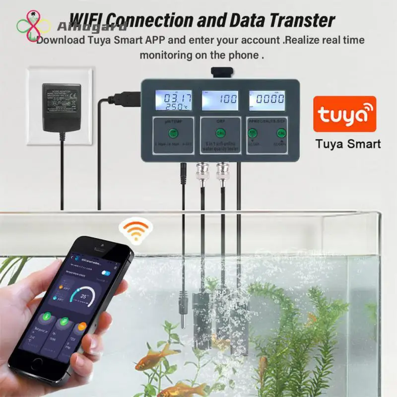 

WiFi Tuya Smart PH Meter Data Logger Temp TDS Salinity S.G. EC ORP Water Tester Monitor Analyzer for Aquariums Pool Hydroponics