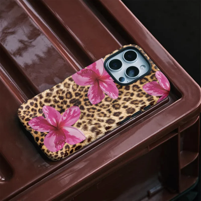 Stylish Leopard-Print Pink Flowers Phone Case - Tough Glossy Finish