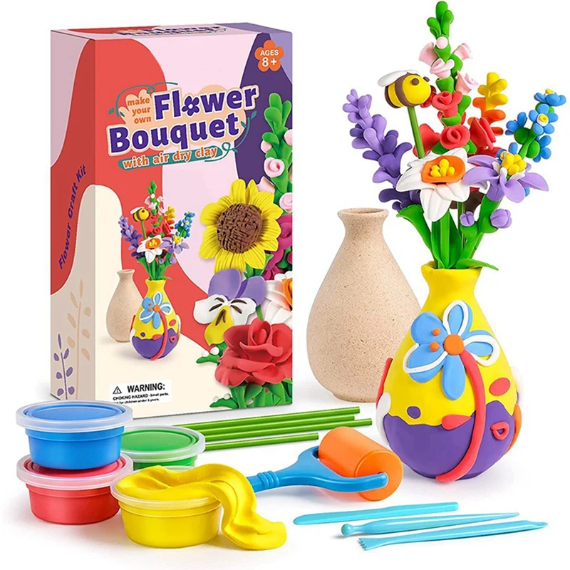 

1 набор цветочных поделок для детей, цветочный букет для моделирования, искусство и ремесла, сухая на воздухе глина для девочек и мальчиков от 6 лет