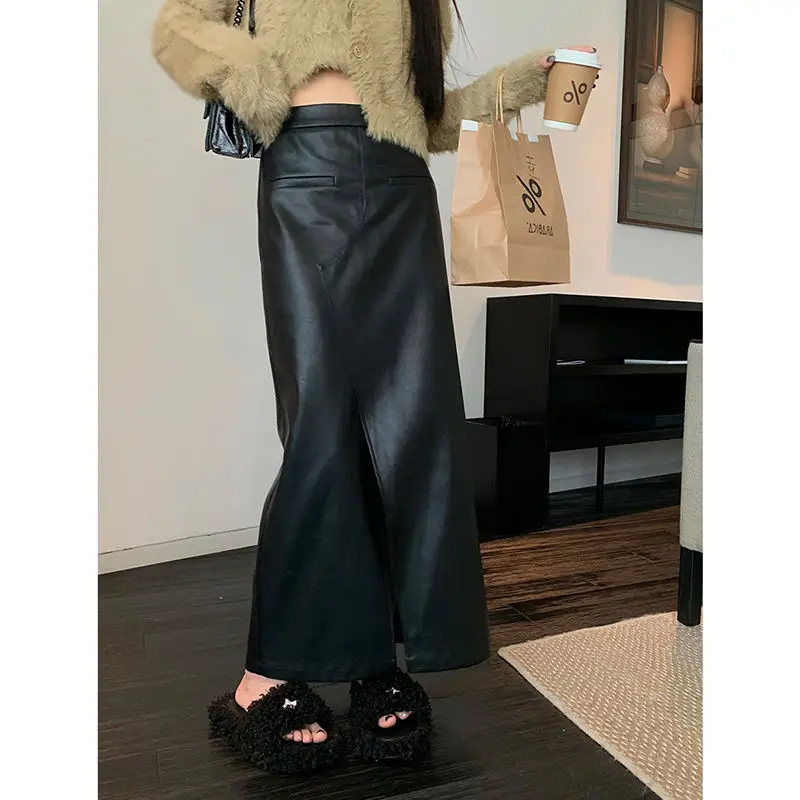 

Black PU Leather High Waist Skirt Female Autumn Winter Over The Knee Slit A Line Hip Long Skirt Europe United States Commute