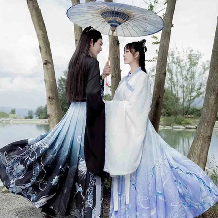

Аксессуары 2XL Hanfu пары Китайская традиционная вышивка одежда для взрослых Хэллоуин костюм черный синий Hanfu для мужчин/женщин