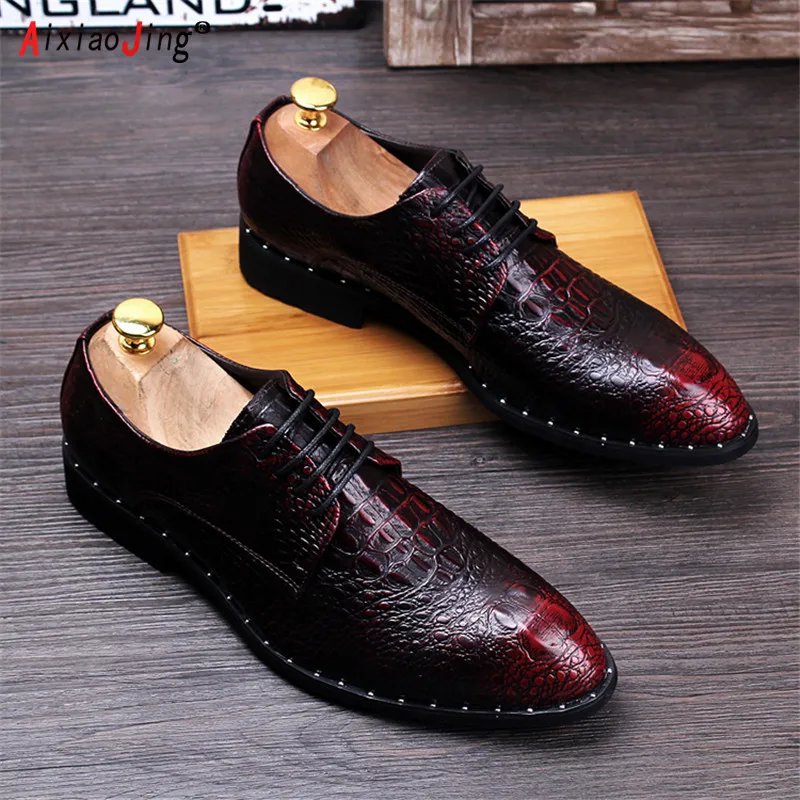 High Quality Men's Croc Print Men's Leather Shoes Lace Up Wedding Party Shoes Men's Business Office Oxford Flats Large Size