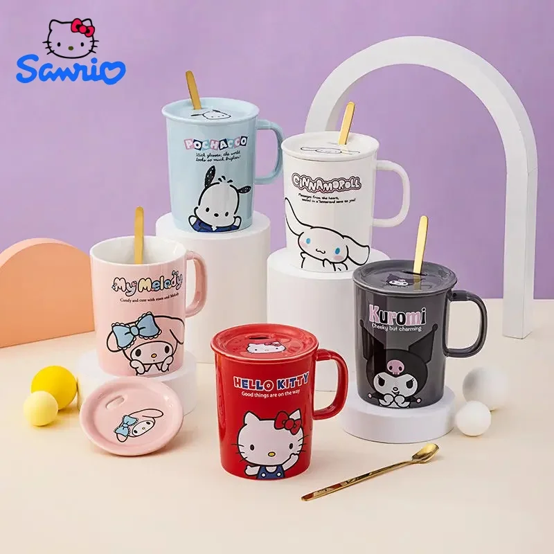 

Sanrio series kawaii Hello Kitty Kuromi My melody cup ins with lid spoon home office men and women cartoon fashion milk cup gift