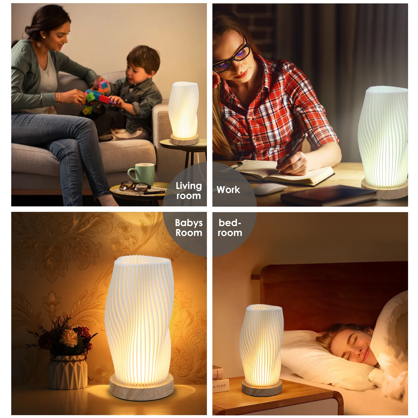 Novelty Bedside Lamp with Woodbase - Button Control Table Lamp for Bedroom Dimmable Nightstand Lamp with PLA Lampshade