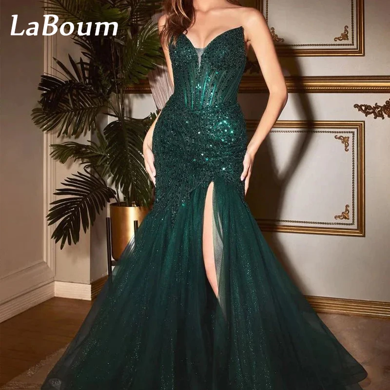 

LaBoum Elegant Prom Dresses Sparkly Sequined Sweetheart Beaded Evening Party Gowns Mermaid Split vestido de galaفساتين السهرة