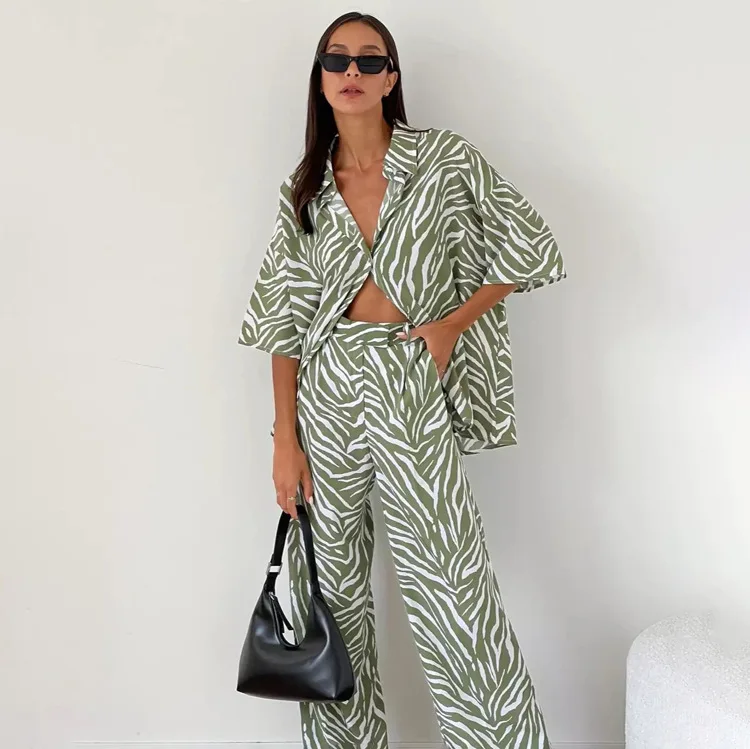 Zebra Print Blouses Long Pant Sets Womens 2 Piece 2023 Fashion Lapel Tops  Shirts And Wide Leg Pants Set Two Piece Women's Suit - AliExpress