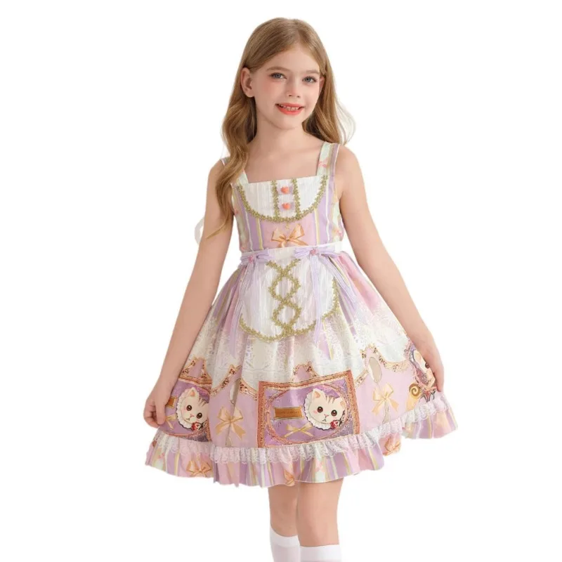 Children Sweet Lolita Dress Women Vintage Gothic Printed Summer Sleeveless Dress Japanese BowBear Kawaii Princess Maid JSK