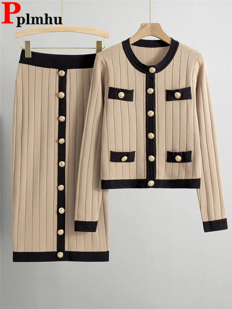 Women Elegant Skinny 2 Piece Sets Korean Single Breasted Knitwears Tops Cardigan Conjuntos Slim 70cm Length Knitted Dress Suits 1