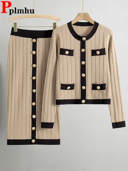 Women Elegant Skinny 2 Piece Sets Korean Single Breasted Knitwears Tops Cardigan Conjuntos Slim 70cm Length Knitted Dress Suits 1