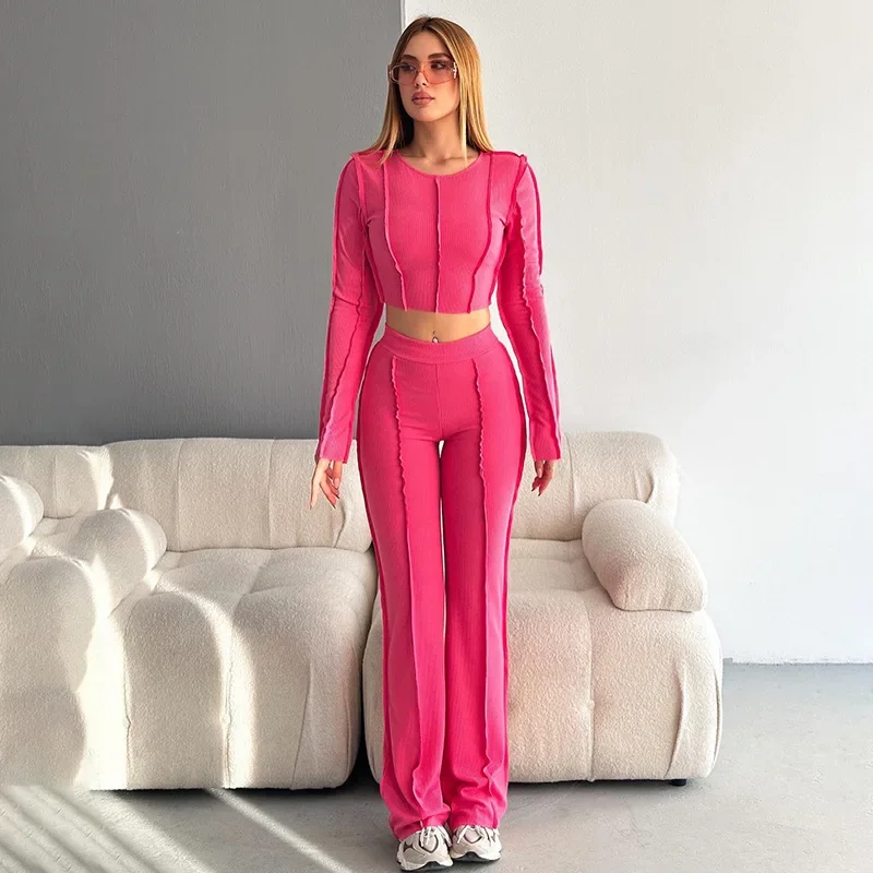 Women's Stripes Two Piece Set Pants Suits O Neck Long Sleeve Casual Suits Homewear Crop Tops Y2k High Waist Solid Colors YWFD027