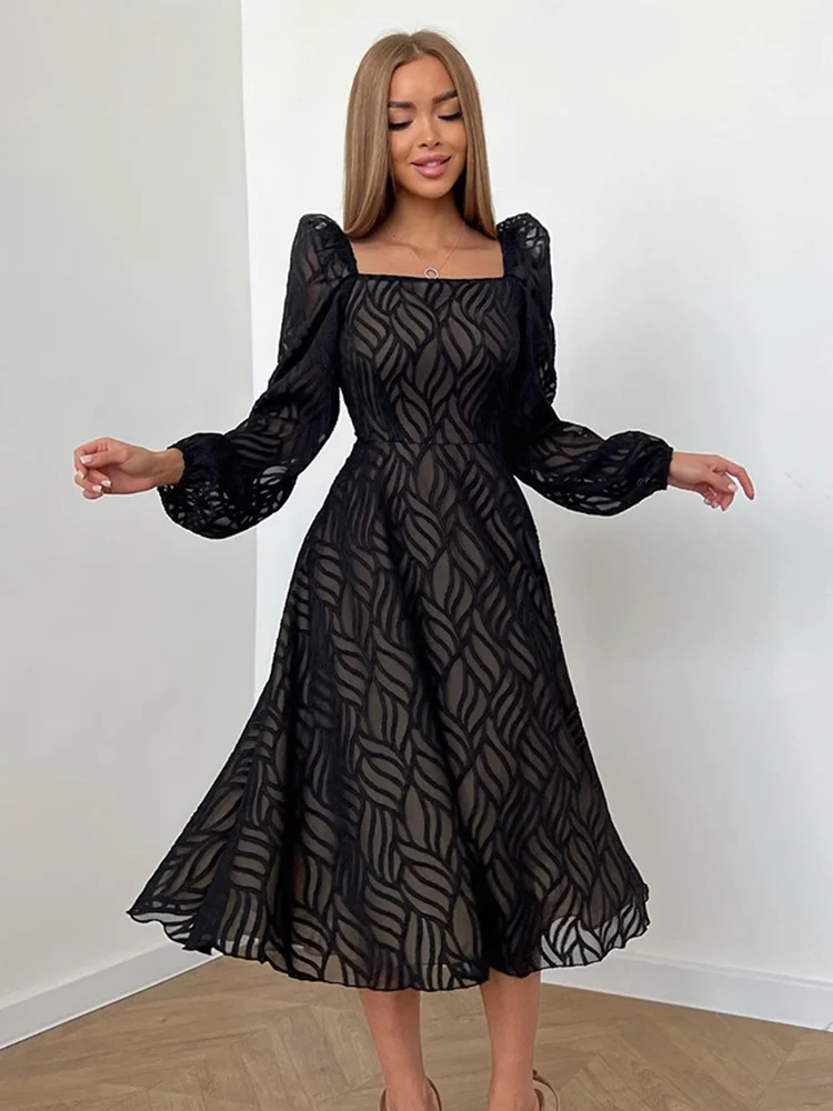

Осень-зима 2022, женское однотонное черное платье миди из органзы, новое жаккардовое ТРАПЕЦИЕВИДНОЕ расклешенное платье с длинным рукавом для женщин