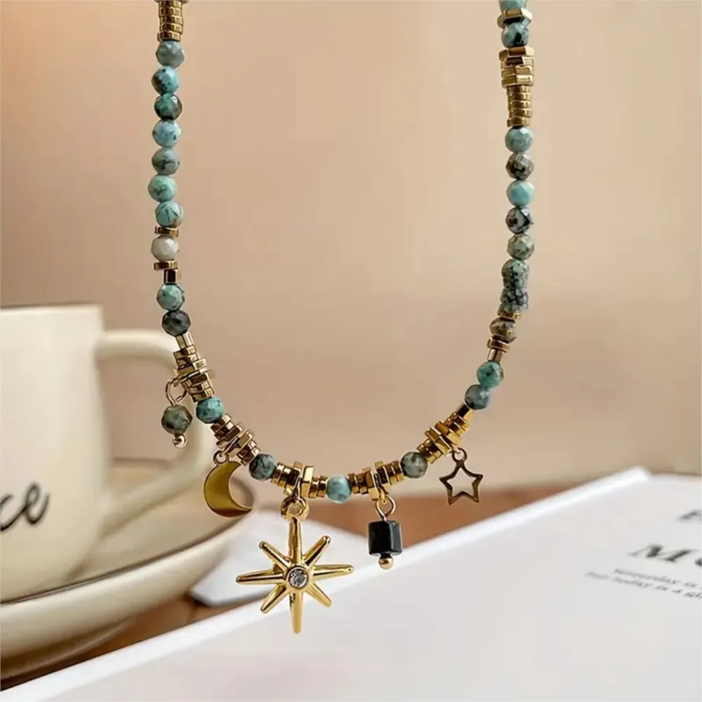 Vintage Elegant Natural Stone Beads Pendant Necklace for Women New Fashion Moon&Star Pendants Chain Party Jewelry Gifts