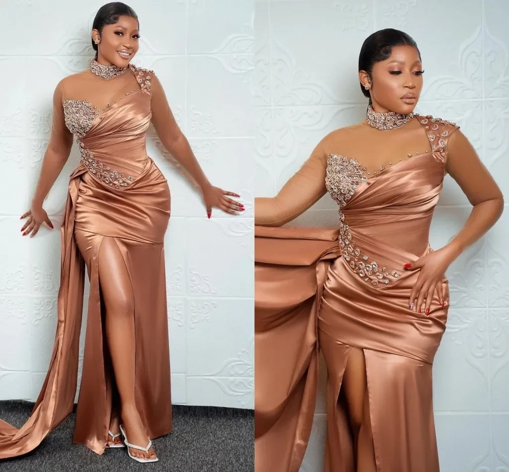 Customized Sparkly Diamond Prom Dresses Arabic Aso Ebi Sexy  For African Women High Neck Mermaid Evening Seond Reception Dress