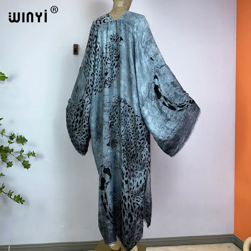 WINYI 여름 보헤미안 레오파드 프린트 비치 웨어 수영복 커버 업 유럽 여성 가디건, 화려한 섹시 홀리데이 긴 소매 기모노