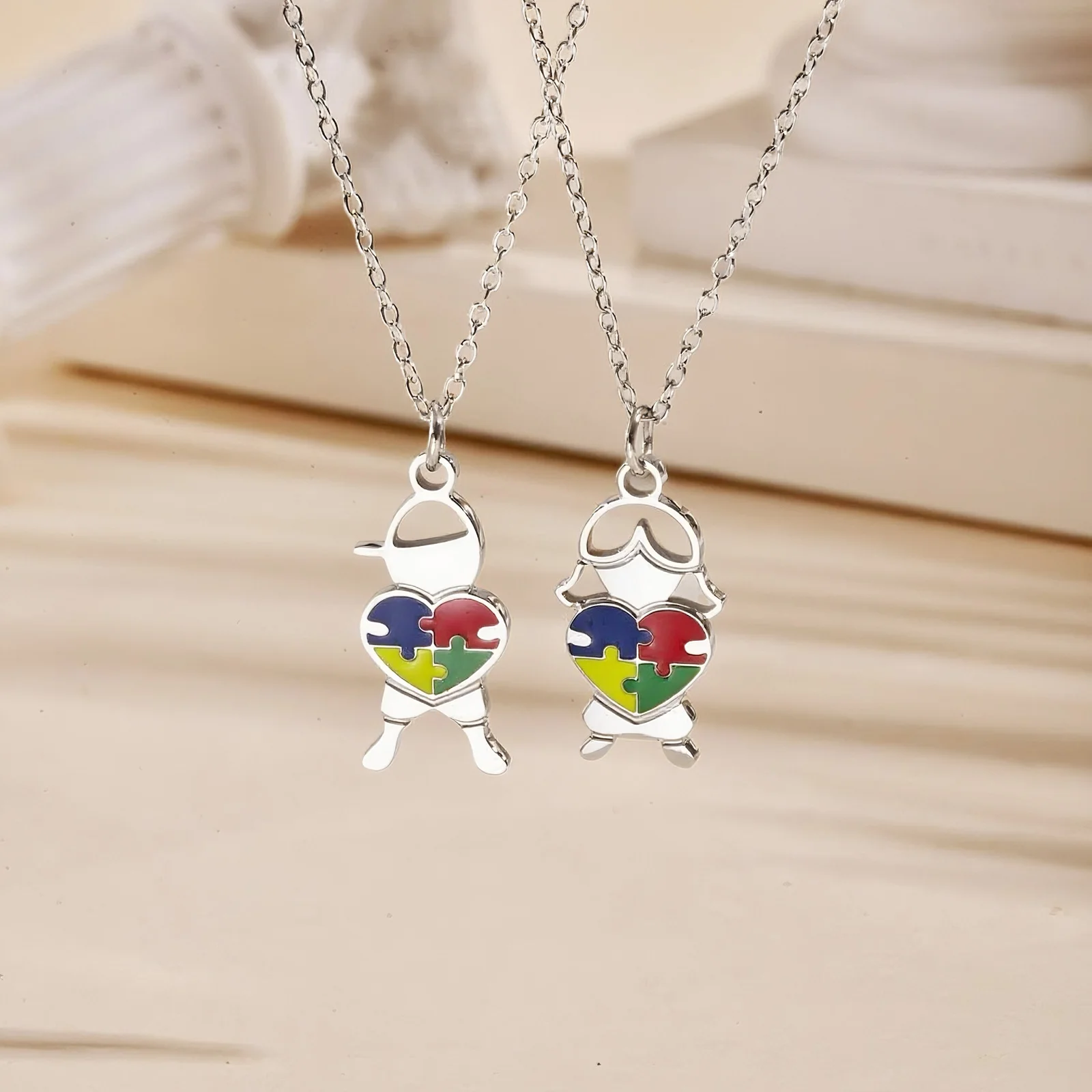 Edelstahl Schmuck Herz Puzzle Junge & Mädchen Geformte Anhänger Halskette Autismus Bewusstsein Silber Farbe Kette Halskette für Frauen