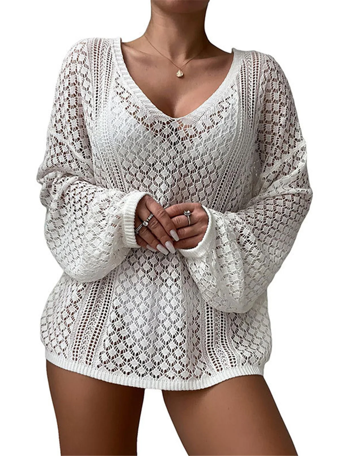 S - XL New V Neck Long Sleeve Crochet Knitted Tunic Beach Cover Up Beach Wear Beachwear Female Women Cover-ups Beach Dress V8284 4