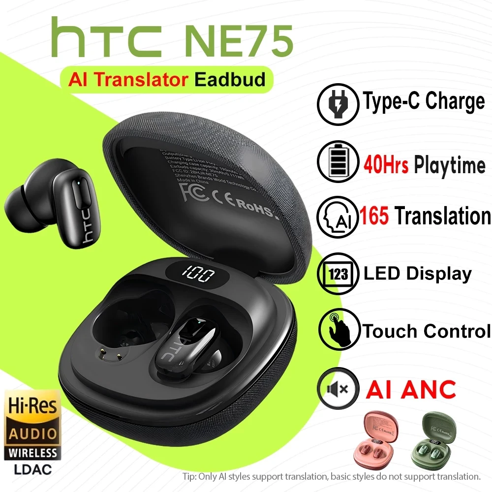 AI 번역 이어버드 HTC NE75 소음 감소 이어폰형 무선 이어폰 블루투스 호환 전화 노트북 컴퓨터 헤드폰