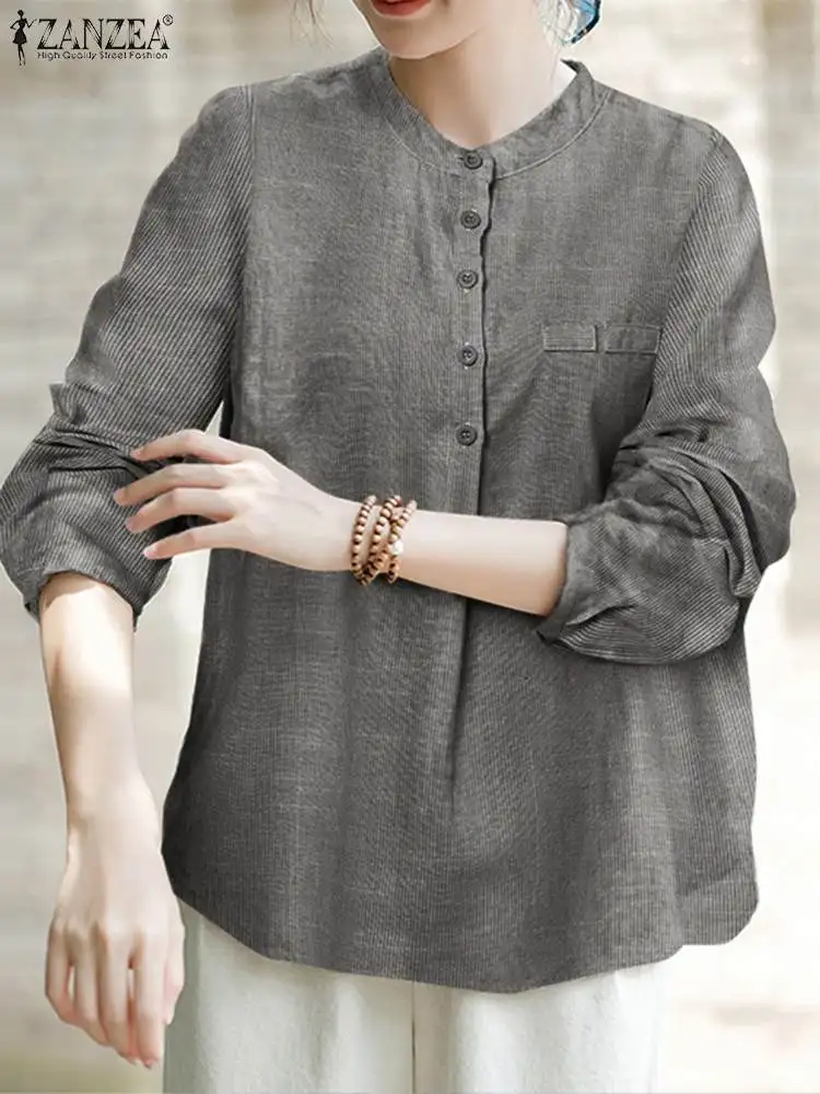 

Autumn Vintage Women Striped Blouse Fashion Long Sleeve Work Shirt ZANZEA Elegant Tunic Tops Female Loose Buttons Blusas Mujer
