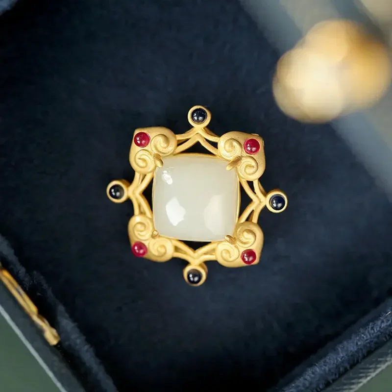 금 도금 상감 천연 헤티안 옥 기하학적 중공 하트 브로치 펜던트, 이중 용도 숙녀 쥬얼리, 독특한 장인 디자인