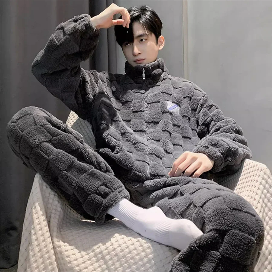

2024 Winter Warm Men Pajamas Set Stand Collar Fluffy Coat and Long Pants Coral Fleece Sleepwear Men's Plaid Home Clothes