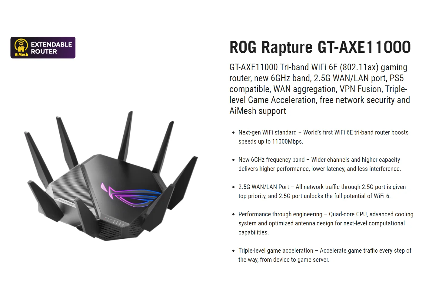 ASUS ROG Rapture Tri-band WiFi 6E Gaming Router with 6GHz, 2.5G Port, VPN  Security, AiMesh Compatible