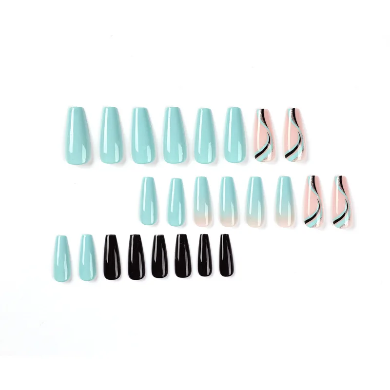 False 24Pcs Acrylic Nails with Glue Wave Line Designs Long Ballet Fake Nails Gradient Coffin Full Cover Nail T_voghion.com