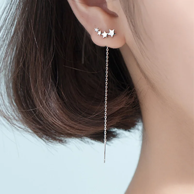 Drop Earrings Real 925 Sterling Silver Zircon Star Tassel For Fashion Women Party Jewelry