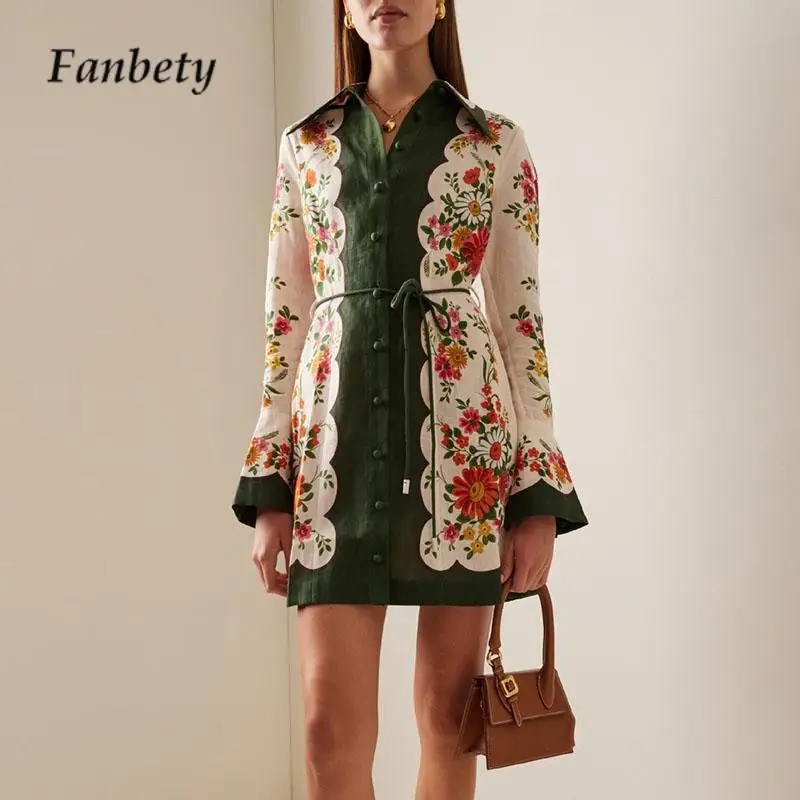 

Однобортное льняное платье-рубашка с отложным воротником, Осеннее прямое платье с цветочным принтом, элегантные женские мини-платья на шнуровке с длинным рукавом, 2024