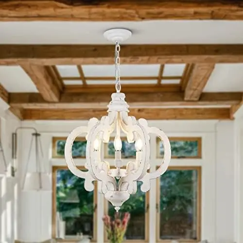 

Farmhouse Chandeliers for Dining Room,Wooden Dining Room Light Fixtures over Table,Distressed White Chandelier with Candle Socke