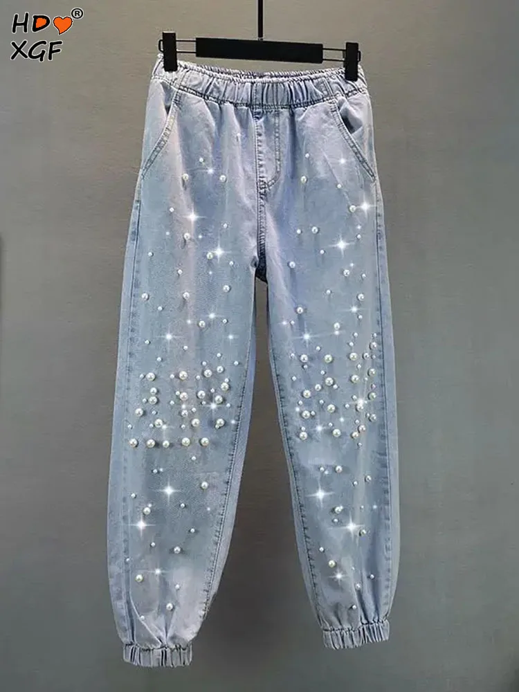 

Streetwear Plus Size Many Pearls Lantern Jeans Korean Fashion Elastic High Waist Pocket Baggy Jeans Women Casual All-match Pants