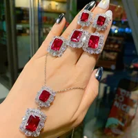 2024 New 925 Sterling Silver Red Crystal Necklace Pendant Ring Earring Women Luxury Wedding Party Fine Jewelry Set Friends Gift 6
