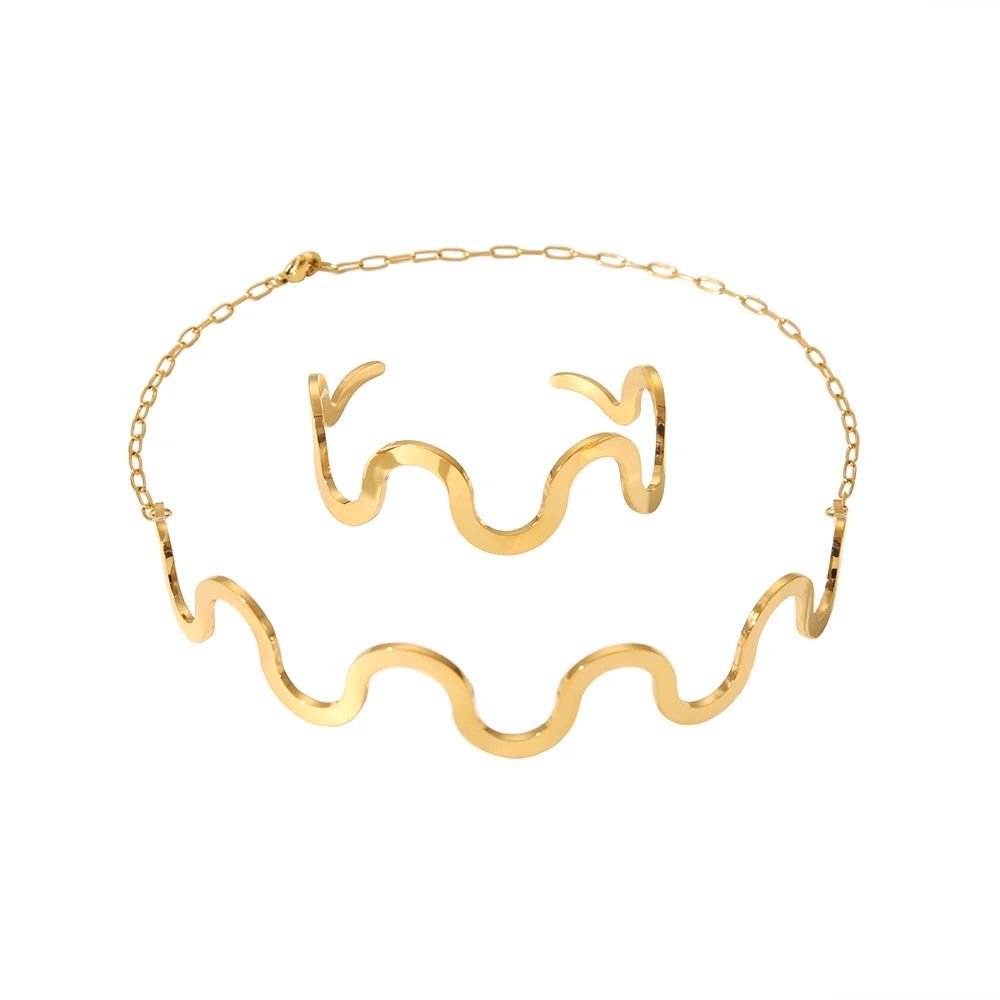 Chunky 16K Gold Plated Stainless Steel Curve Choker Necklace Wavy Open Bracelet Bangle High End Tarnish Free Jewelry Gifts 202 5