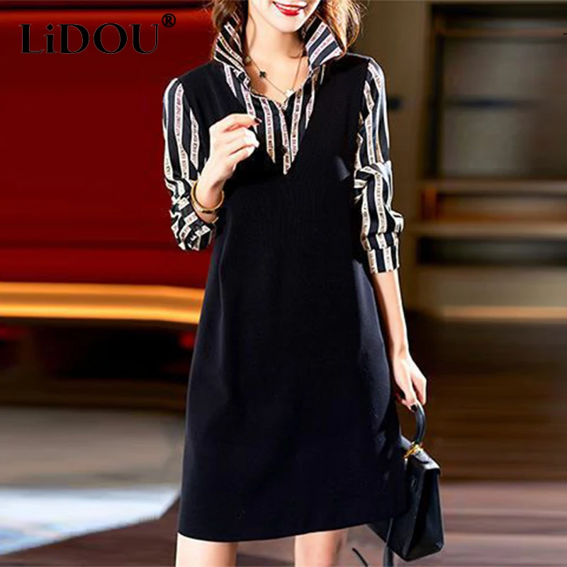 

Autumn Winter New Fake Two Pieces Striped Patchwork Vestido Female Long Sleeve Elegant Fashion Robe Women Oversized Casual Dress