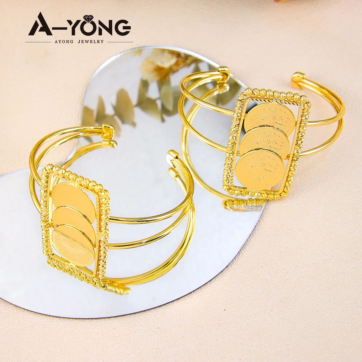 Islamische Goldfarbe Manschette Armband 21 Karat Kupfer vergoldet türkische arabische Münzen Armreifen Ring verstellbare Frauen Party Vintage Schmuck – Detail 5