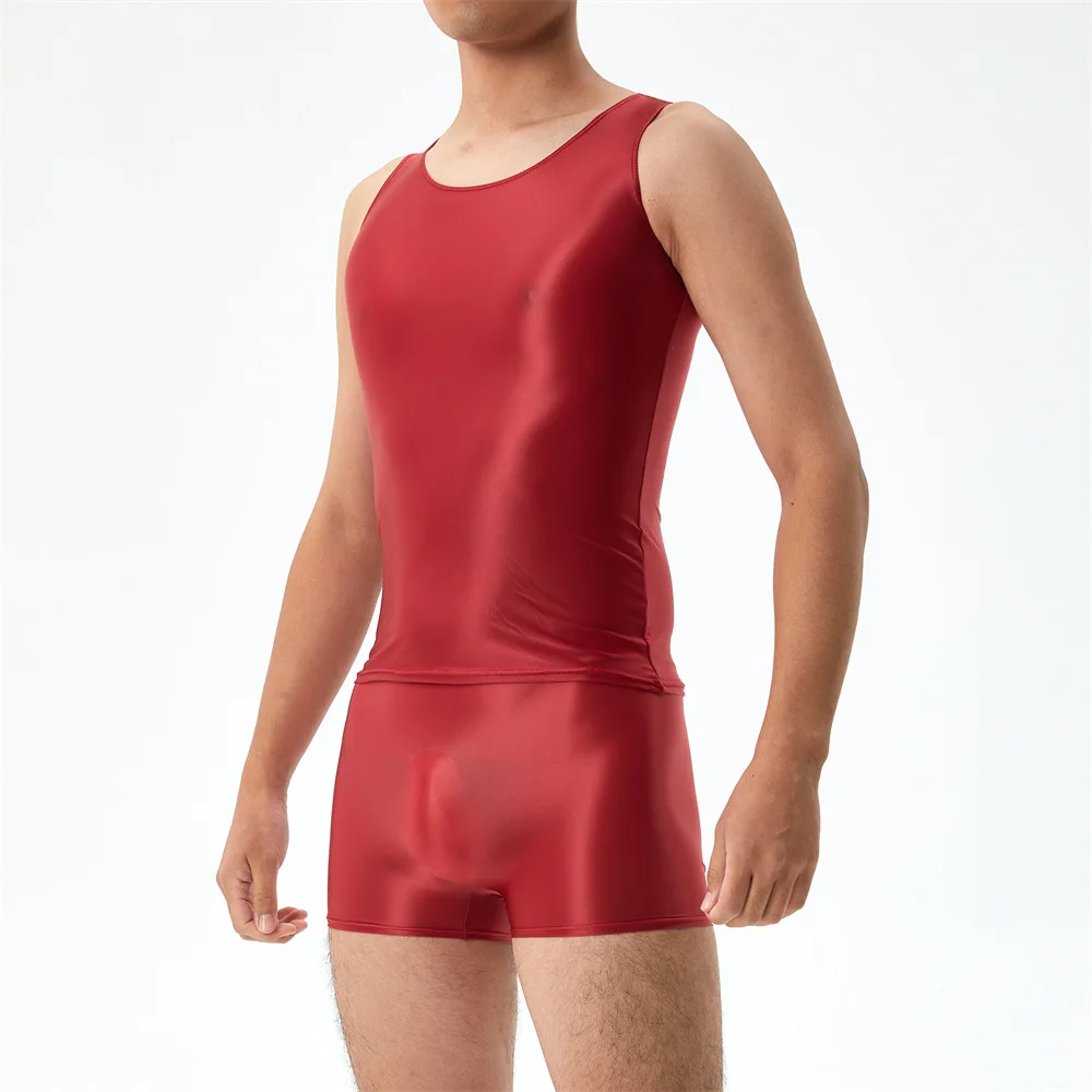 Glossy Men's Tracksuits 2 Pieces Sets Tops Shorts Sports Fitness Running Overall Catsuits Rompers
