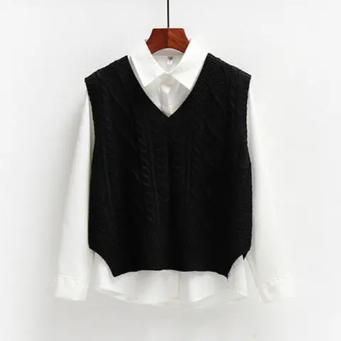 

Vest Women Solid Short Loose Trendy Korean Style Sleeveless Knitted V-Neck All-match Female Coats Simple Leisure Outwear Black