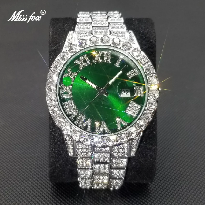 

HOT Ice Out Men Watches Top Brand Luxury Full Moissanite Quartz Jewelry Fashion Hip Hop Luminous Waterproof Green Clock Gift