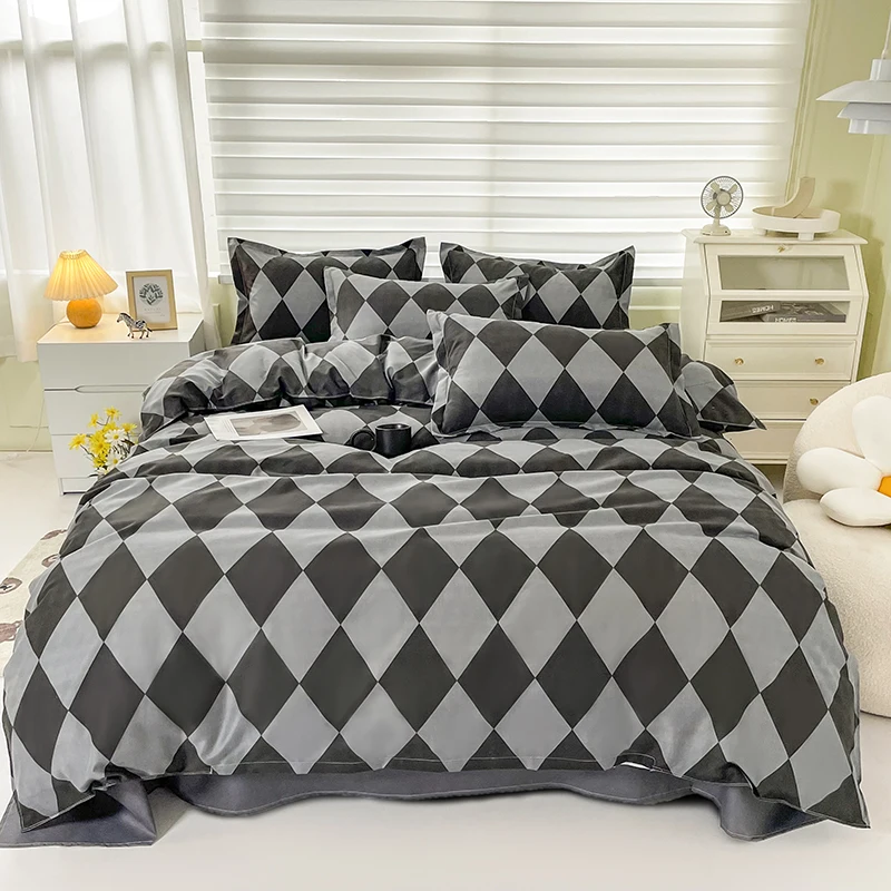 

3pcs New Duvet Cover Set with Pillowcases No Filling Square grid style Warm Cute Comforter Soft Full Queen Size Home Bedding Kit