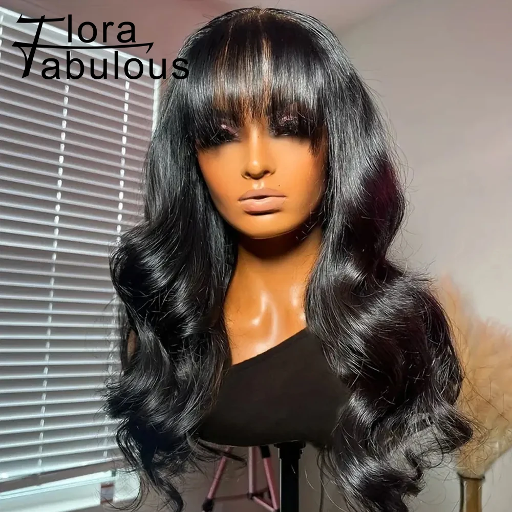 

Lace Top Boby Wavy Human Hair Wigs With Bangs 180 % Density Ready To Go Glueless Wigs Brazilian Remy Hair Wigs for Black Women